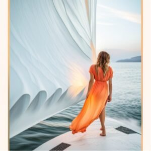 summer travel dresses, women standing with orange travel dress in water